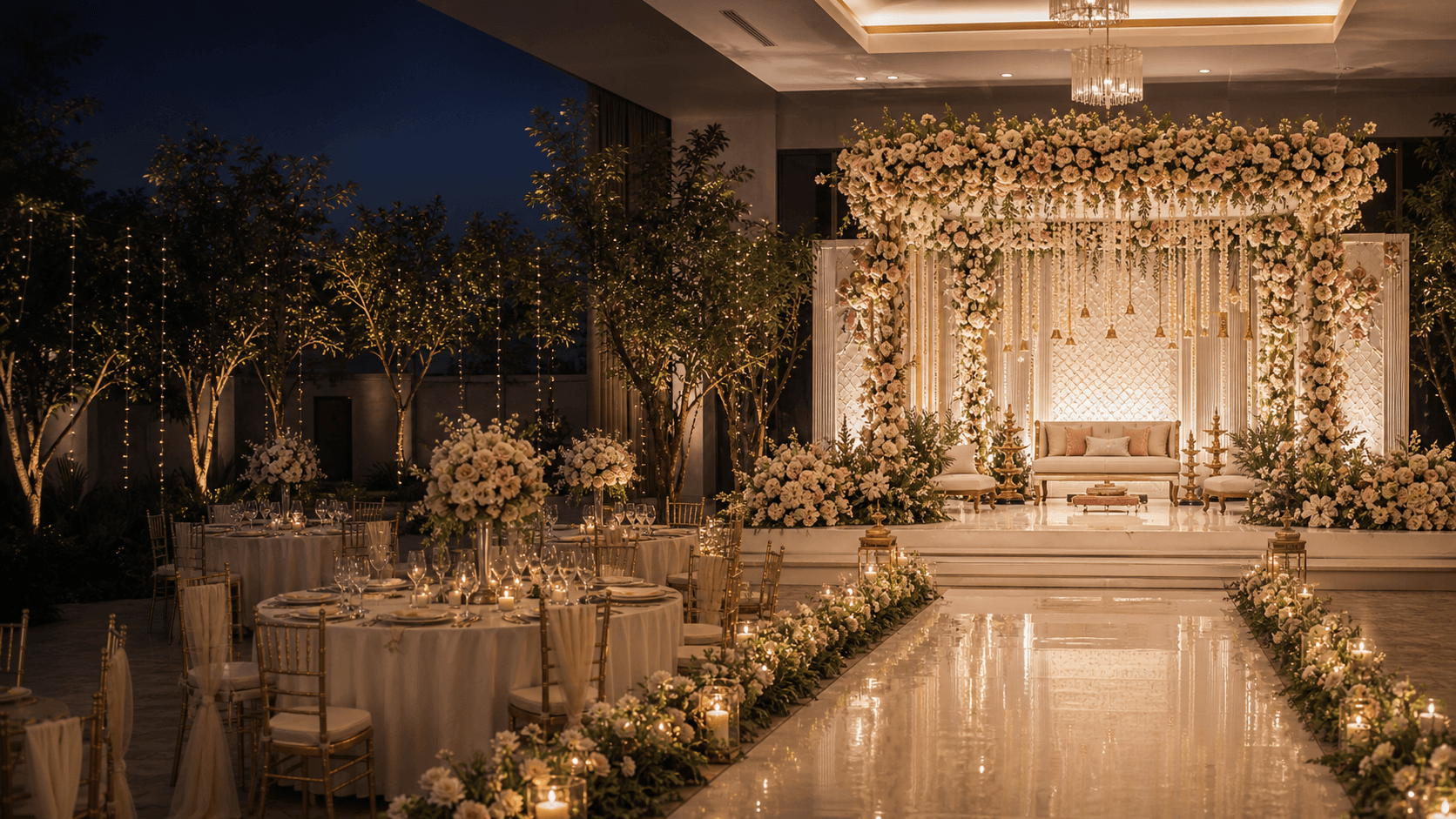 An elegant Occaza wedding venue prepared with flowers, lights and guest tables